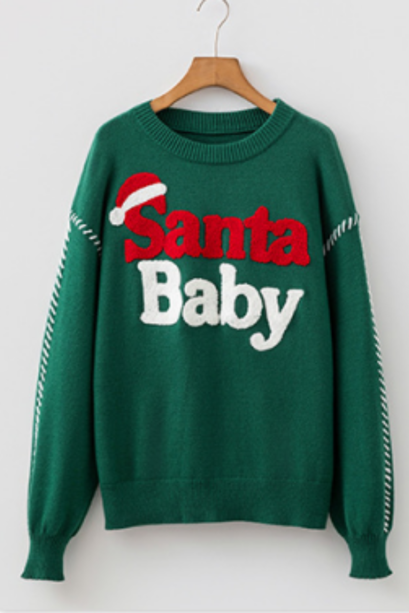 Women Christmas Crew Neck Knit Sweater Santa Baby Letter