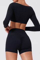 Women's Cropped Long Sleeve Top & Ruched Yoga Shorts Set