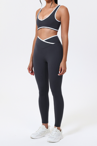 Women's Color-Block Sports Bra & Cross-Waist Sport Leggings Set