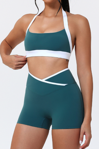 Women's Color-Block Halter Sports Bra & Cross-Waist Shorts Set
