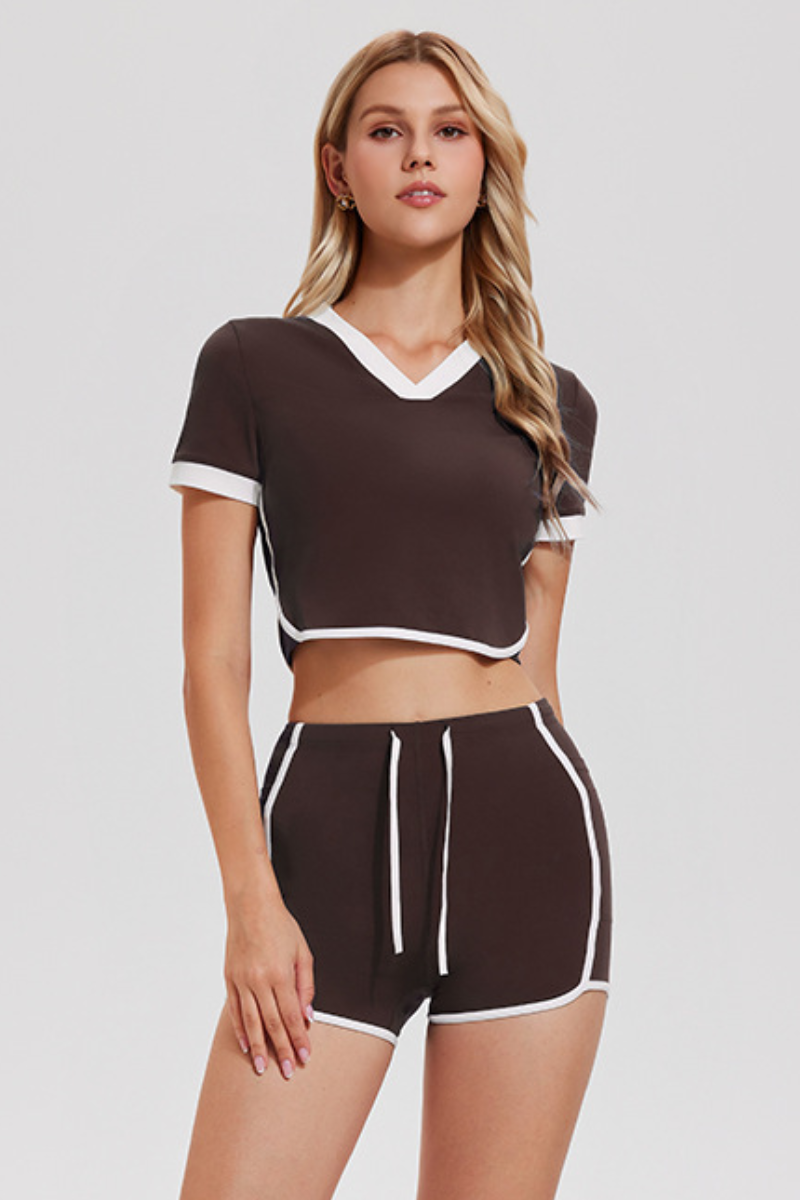 Women's V-Neck Cropped T-shirt & Shorts 2-Piece Tennis Set
