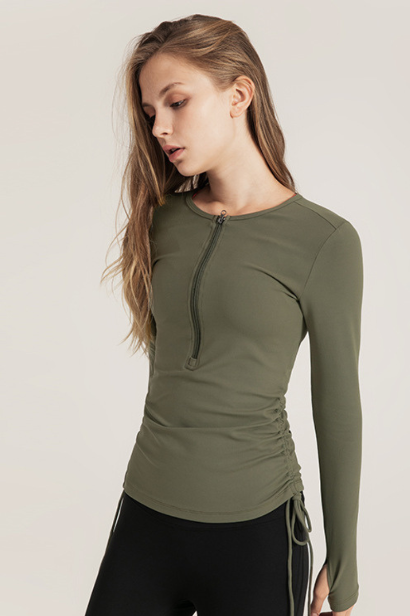 Women's Spring Side Drawstring Half Zipper Long Sleeve Top