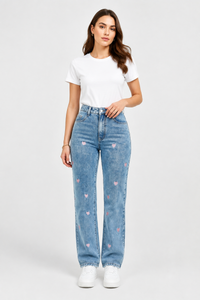 Women's Pink Heart Embroidered Straight Leg Jeans
