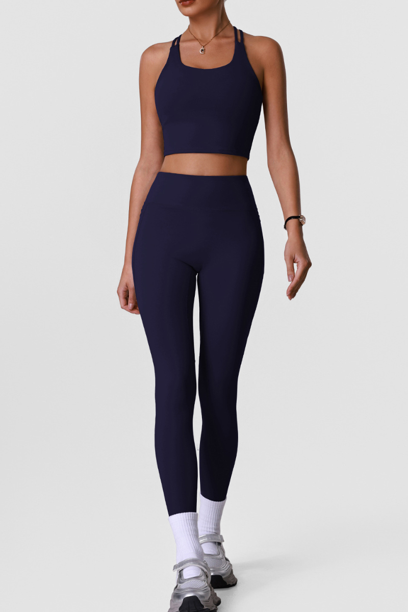 Women's Sports Sets:Cross Back Bra And Side Pocket Leggings