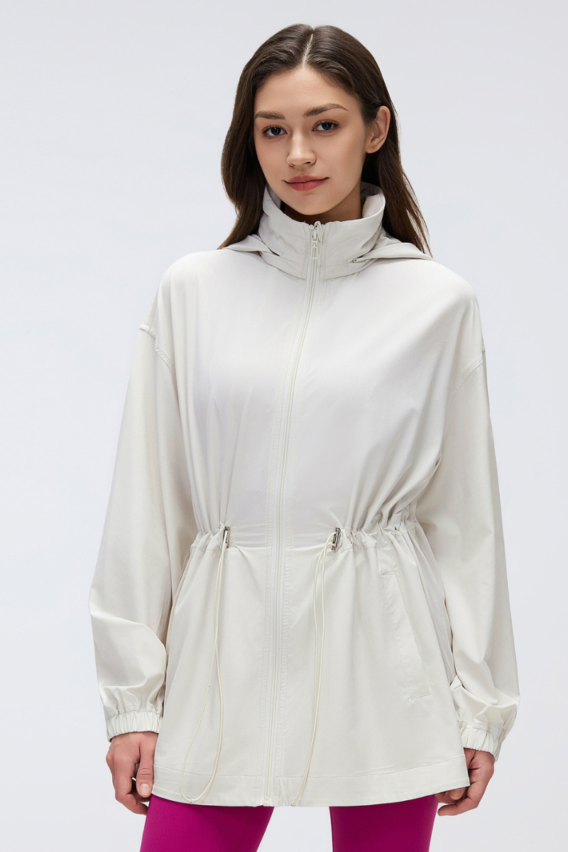 Women's Packable Drawstring Hooded Mid Length Jacket