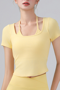 Women's Fake Two Piece Halter Tie Cropped Sports T-shirt