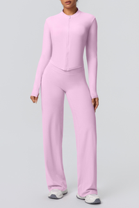 Women's Set:Collared Zippered Jacket And Wide Leg Pants