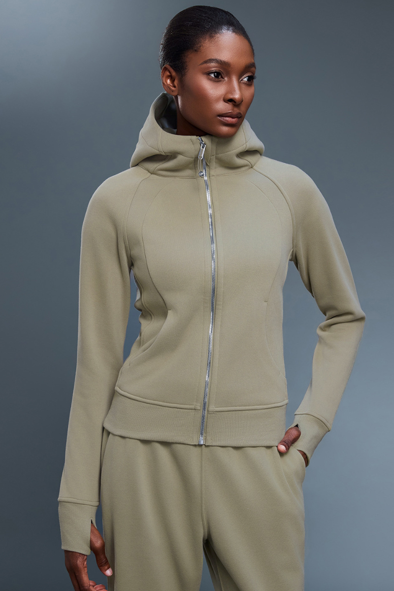 Women's Athletic Slim Full Zipper Finger Cuffs Hooded Jacket