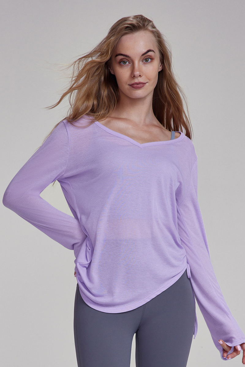 Women's Spring Side Drawstring Loose Yoga Long Sleeve Top