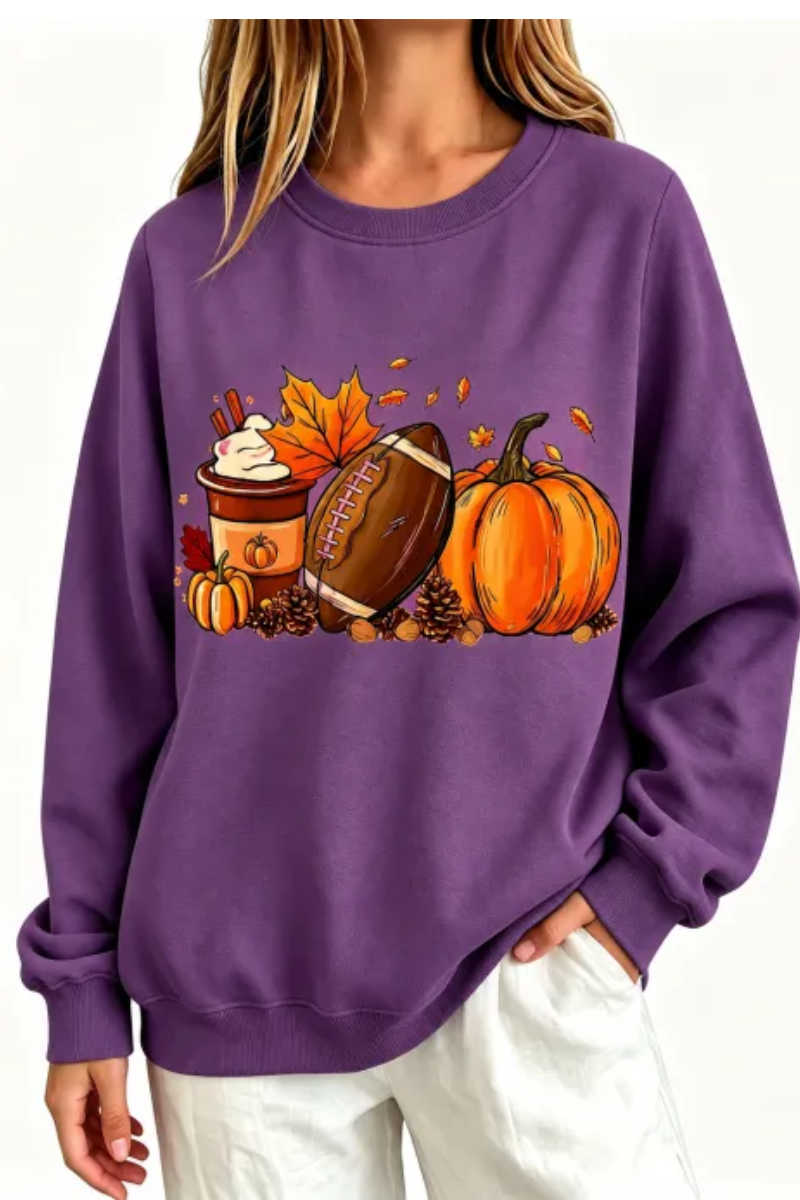 Women's Fall Halloween Pumpkin Football Coffee Print Thin Sweatshirt