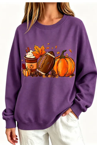 Women's Fall Halloween Pumpkin Football Coffee Print Thin Sweatshirt