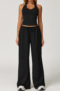Women's Yoga Set: V Neck Halter Tank Top & Wide Leg Pants