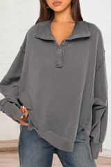 Loose-fitting, flared-neck hoodie with a split design