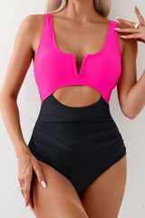 Women's Cut Out Pleated Color Block Slimming Swimsuit