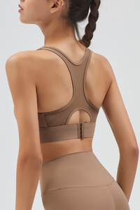 Women's Front Zipper Racerback Back Mesh Panel High Impact Sports Bra