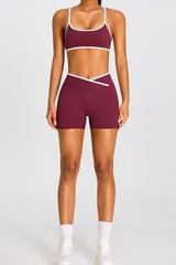Women's Color-Block  Sports Bra & Cross Waist Shorts Set