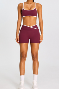 Women's Color-Block  Sports Bra & Cross Waist Shorts Set