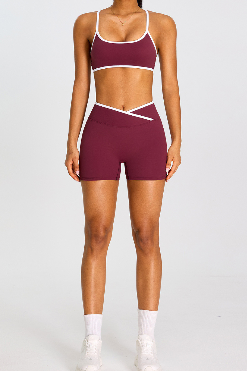Women's Color-Block  Sports Bra & Cross Waist Shorts Set