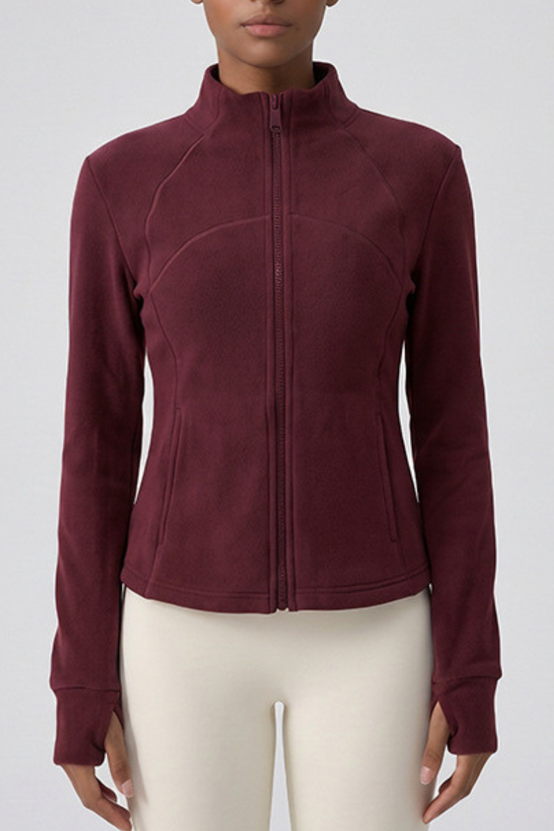 Women's Winter Fleece Stand Collar Finger Cuff Zip Up Jacket