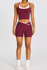 Women's Color-Block Cross-Back Tank Top And Shorts Sport Set