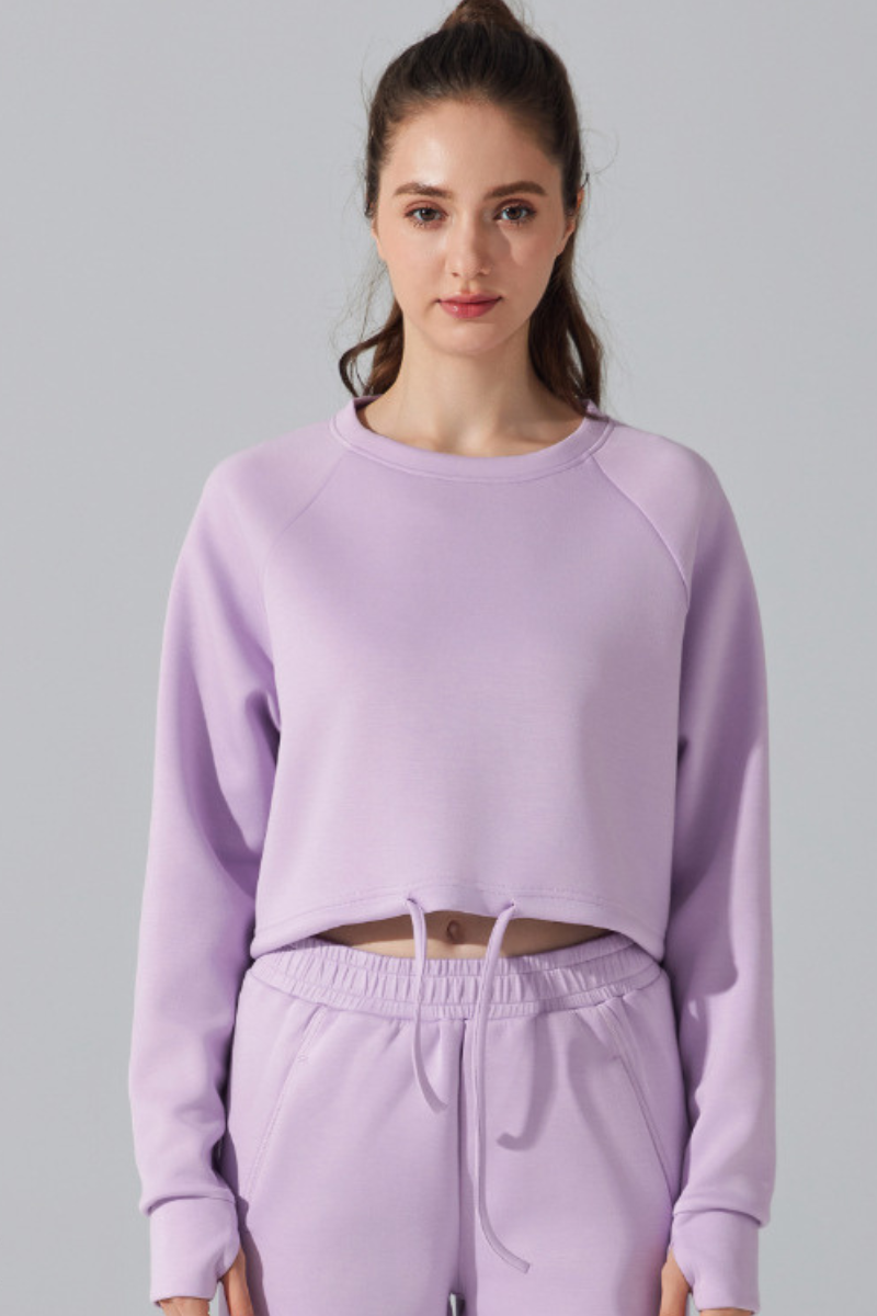 Women's Cropped Drawstring Long Sleeve Athletic Sweatshirt