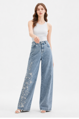 Women's High Waist Floral Embroidered Wide Leg Jeans