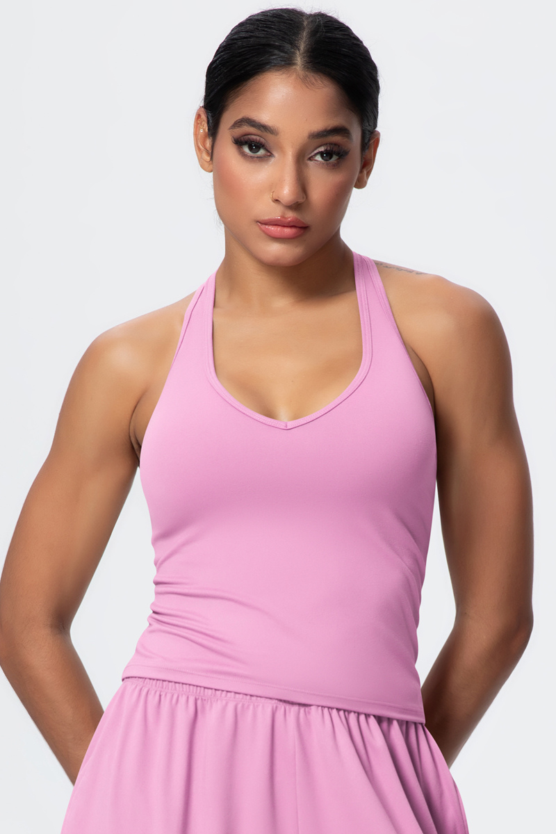 Women’s Brushed-Fabric V-Neck Halter Spaghetti-Strap Open-Back Sports Tank