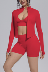 Women's Seamless Bra&Stand Collar Jacket &Shorts 3 Piece Set