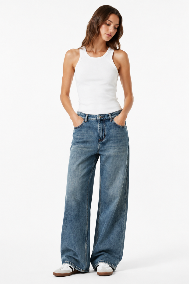 Women's 100% Cotton High Waist Wash Straight Leg Jeans