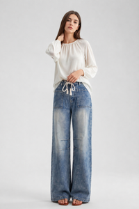 Women's High Waist Drawstring Wide Leg Jeans