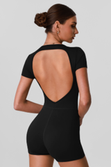 Women's Solid Open-Back Short-Sleeve Workout Jumpsuit