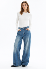 Women's 100% CottonVintage Wash Mid Waist Straight Leg Jeans