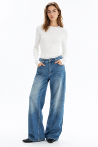 Women's 100% CottonVintage Wash Mid Waist Straight Leg Jeans