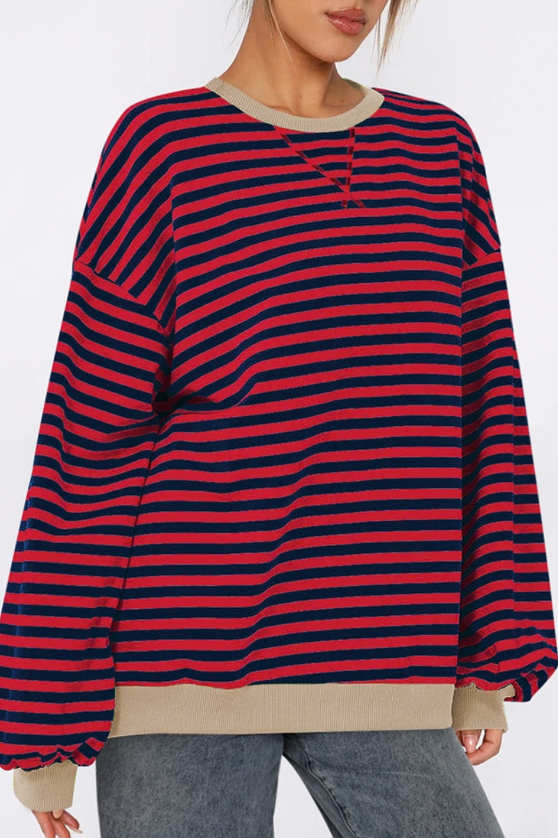 Women Fall Contrast Striped Lantern Sleeve Loose Sweatshirt