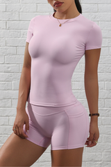 Women's Short Sleeve And Pocket Shorts Yoga Set