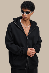 Hooded zip-up sweatshirt.