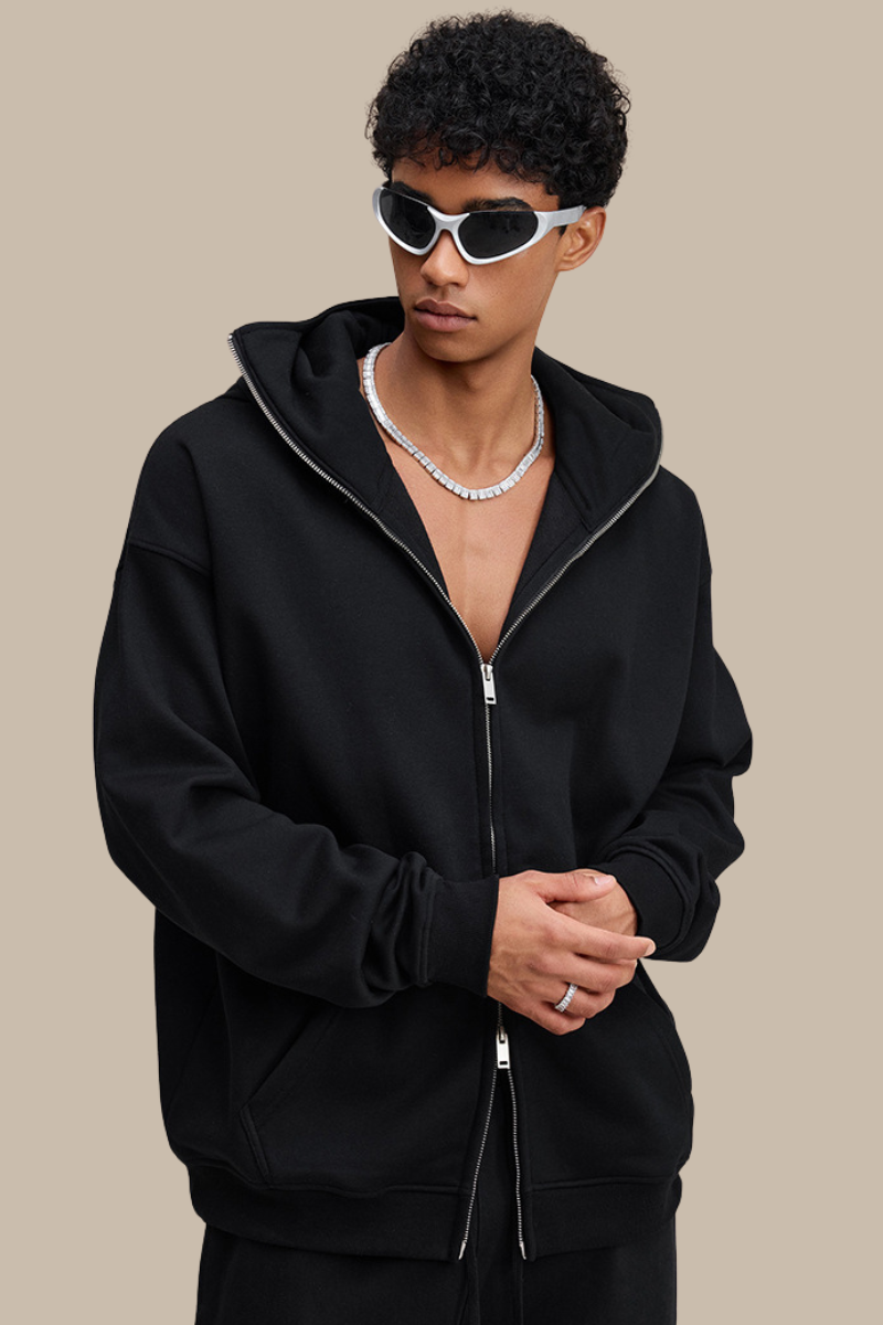 Hooded zip-up sweatshirt.
