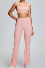 Women's Athletic Set:U-neck Cross Back Bra And Flare Pants