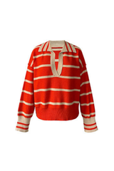 Women's Contrast Stripe Collared V Neck Knit Sweater