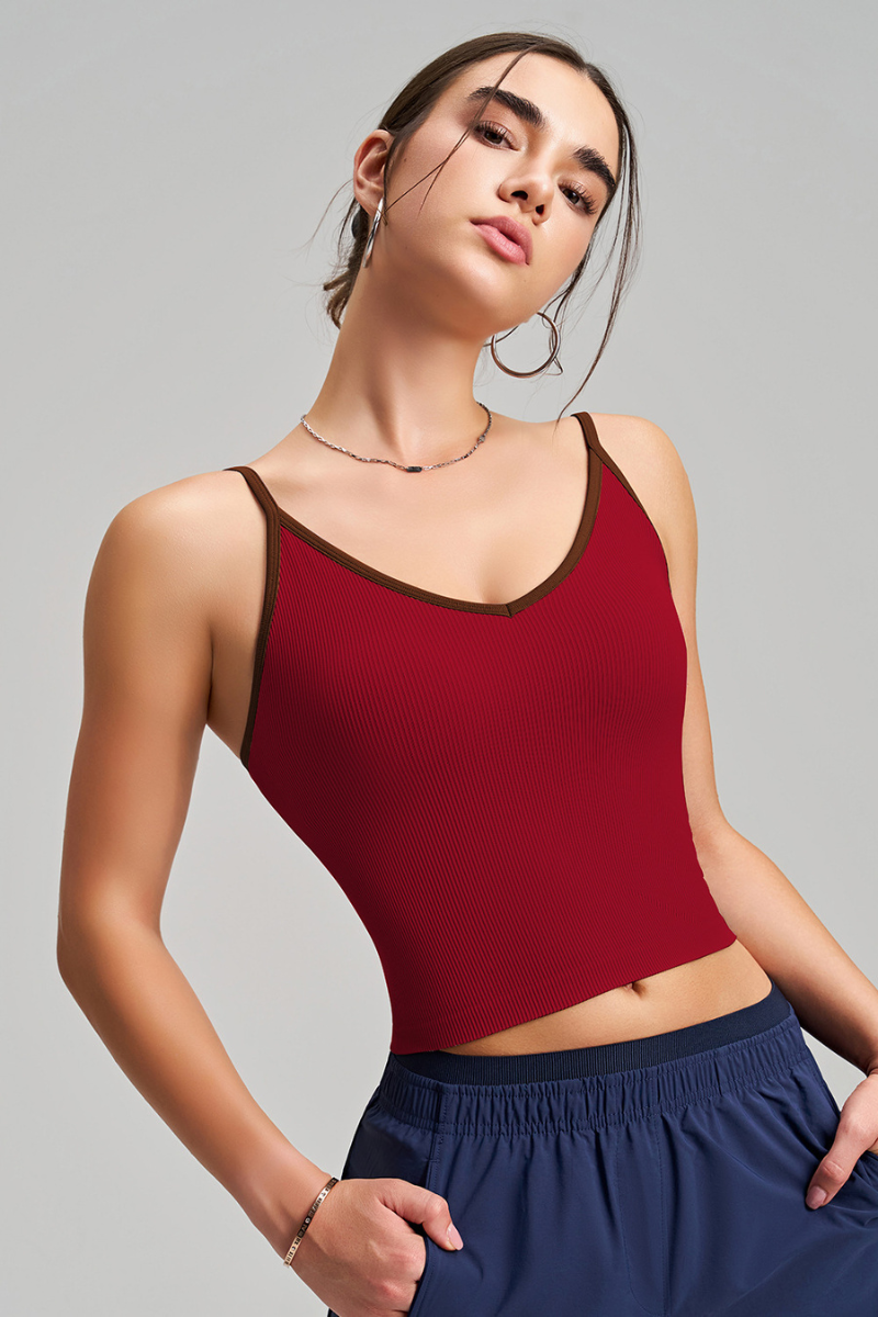 Women's Athletic V-Neck Thin Strap Cropped Color-Block Tank Top
