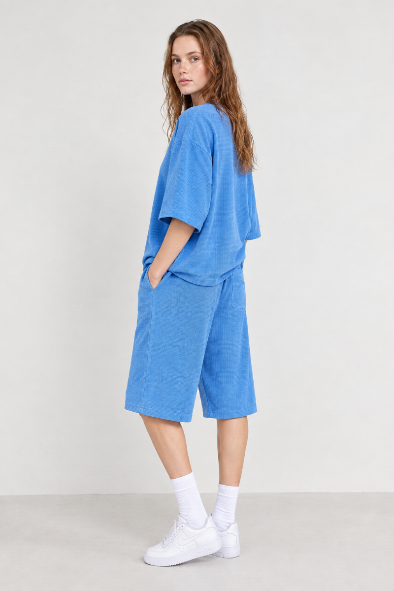 Women's Waffle Knit Set:Loose Fit T-shirt &Knee Length Short
