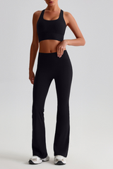 Women's Brushed Cross Back Bra & Flared Pants Yoga Set