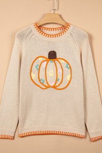 Women's Fall Halloween Pumpkin Floral Applique Knit Sweater