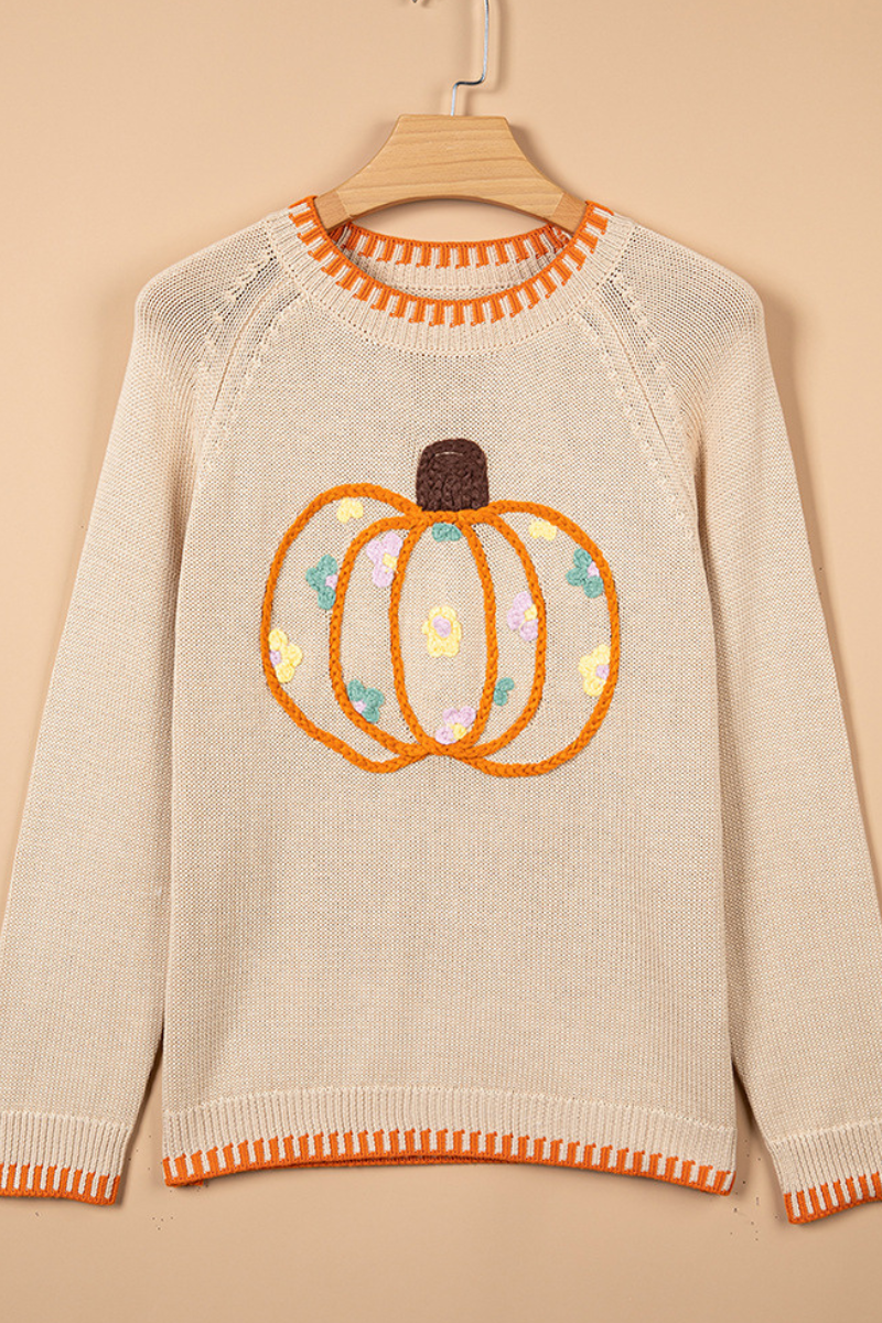 Women's Fall Halloween Pumpkin Floral Applique Knit Sweater