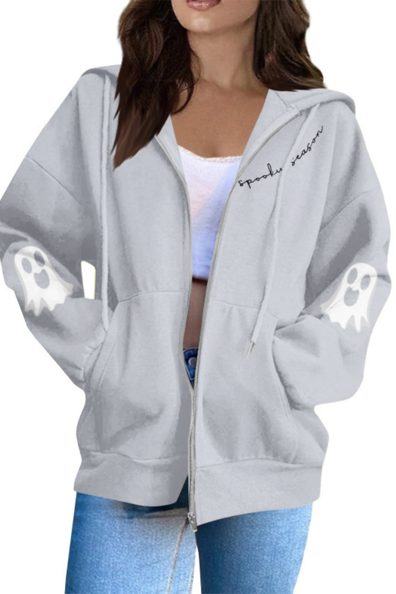 Women Halloween Ghost Print Zip Up Hoodie