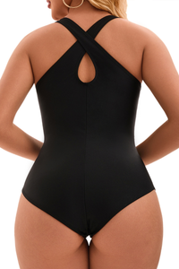 Women's V-Neck Cross Back Pleated Fitted Solid Swimsuit
