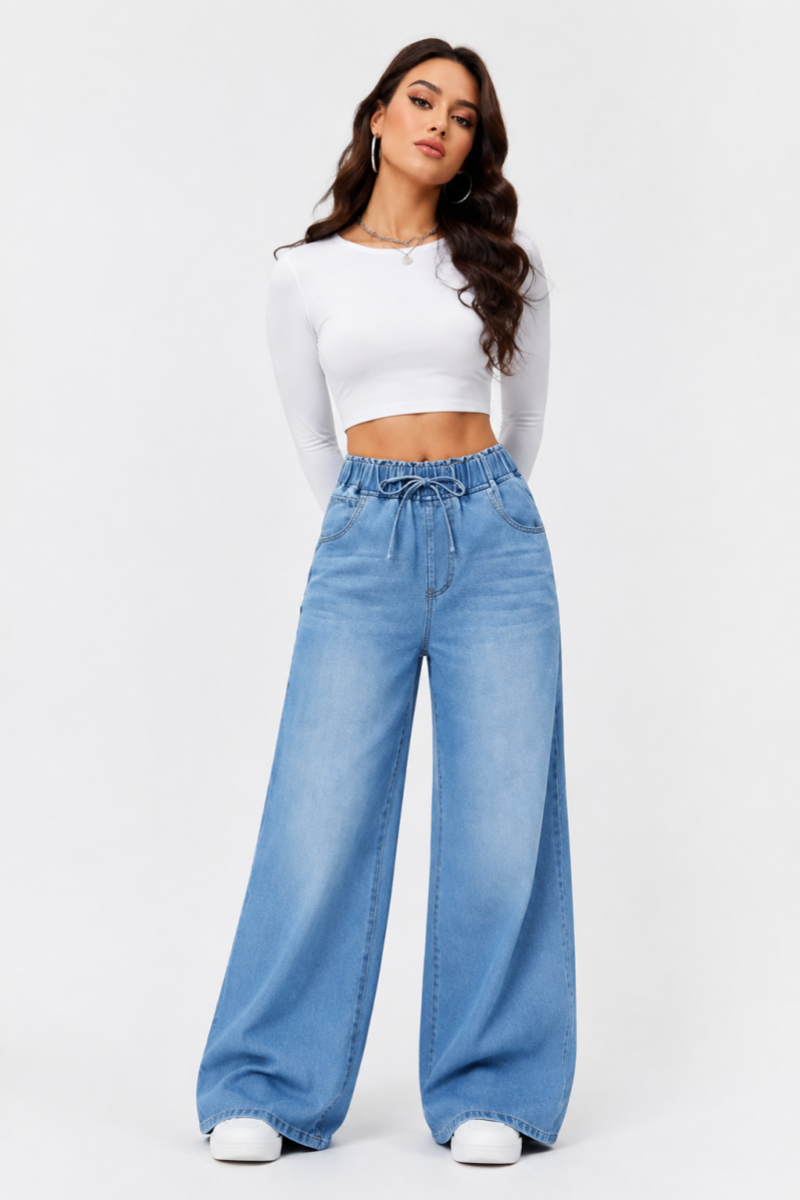 Women's Fall Drawstring Elastic Waist Wide Leg Jeans