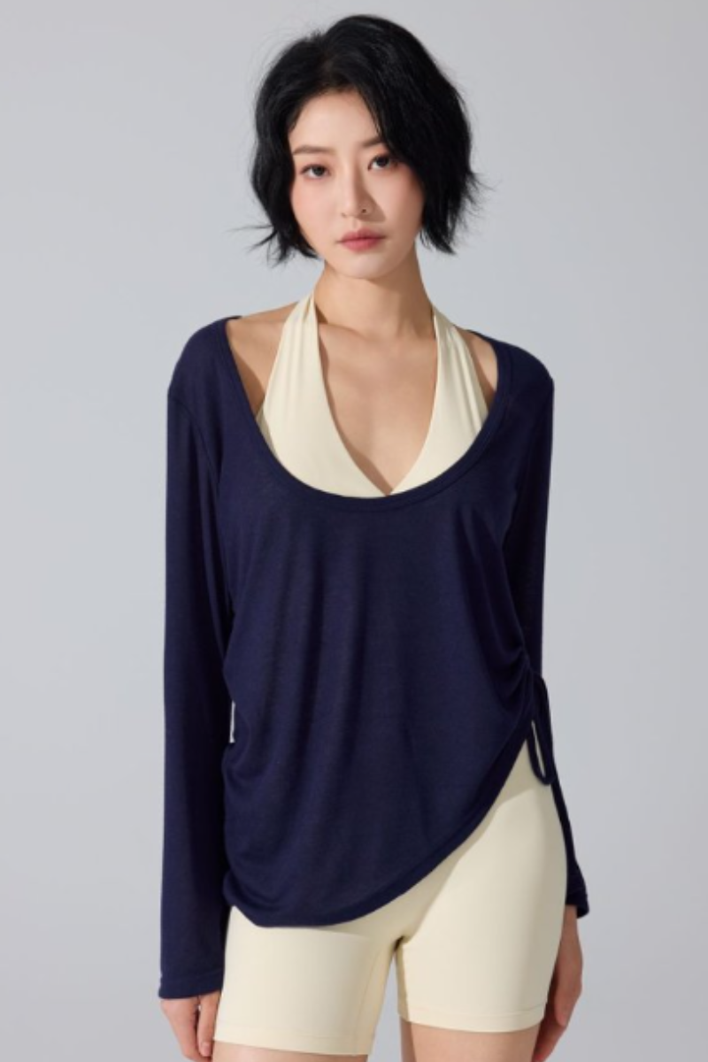 Women's Wide U-Neck Side Drawstring Sheer Long Sleeve Yoga Cover-Up