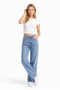 Women's Mid Waist Washed Straight Leg Jeans