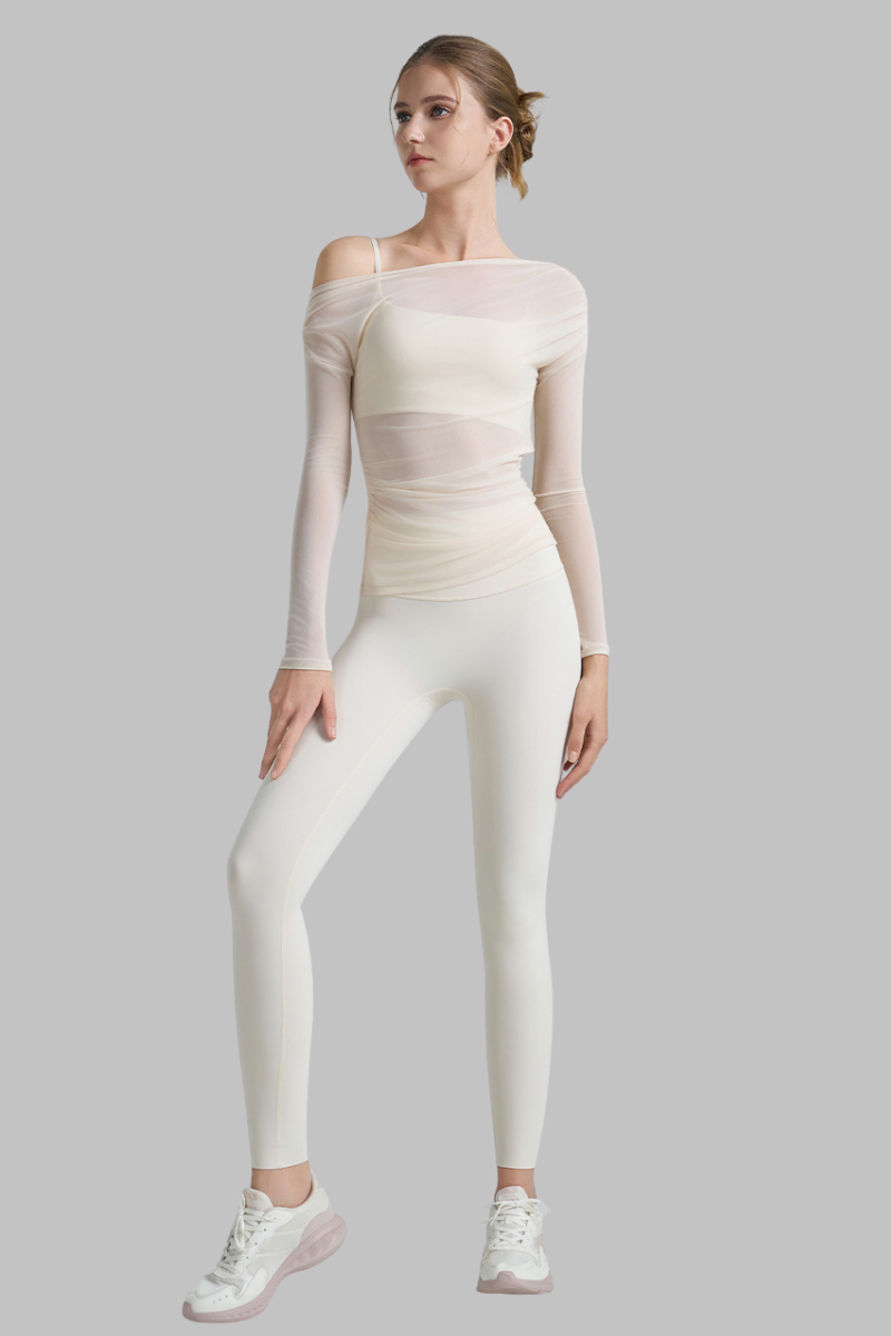 Women's Yoga 3-Piece Set:Bra+ Off-Shoulder Mesh Top+Leggings